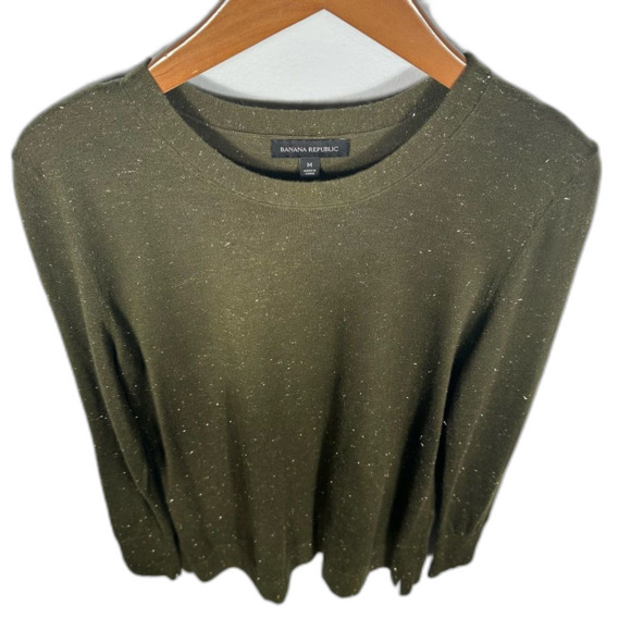 Banana Republic Olive Green Sparkle Crew Sweater Size Medium Winter Holiday Snow - Picture 11 of 13